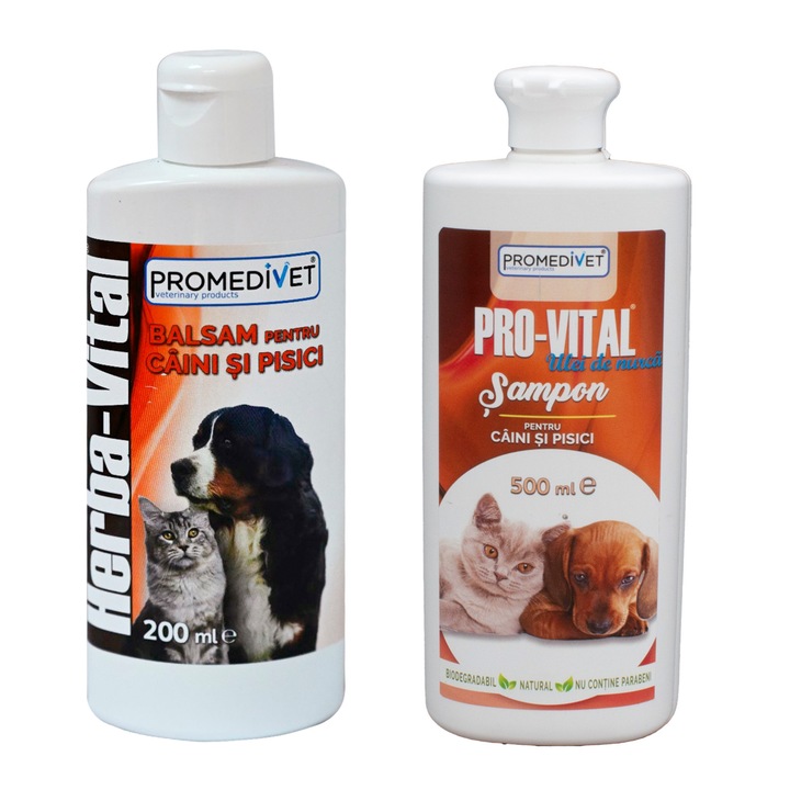 Шампоан Pro-Vital с масло от норка, 500 мл, подхранващ за коса, лесна за разресване козина и Herba Vital балсам с екстракти от лечебни растения, с овлажняващи и подхранващи свойства за епидермиса и косата, 200 мл, за кучета и котки