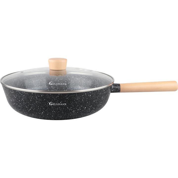 Goldmann öntött alumínium wok serpenyő üveg fedővel 30x8,5 cm, kívül-belül fekete márvány bevonattal, indukciós