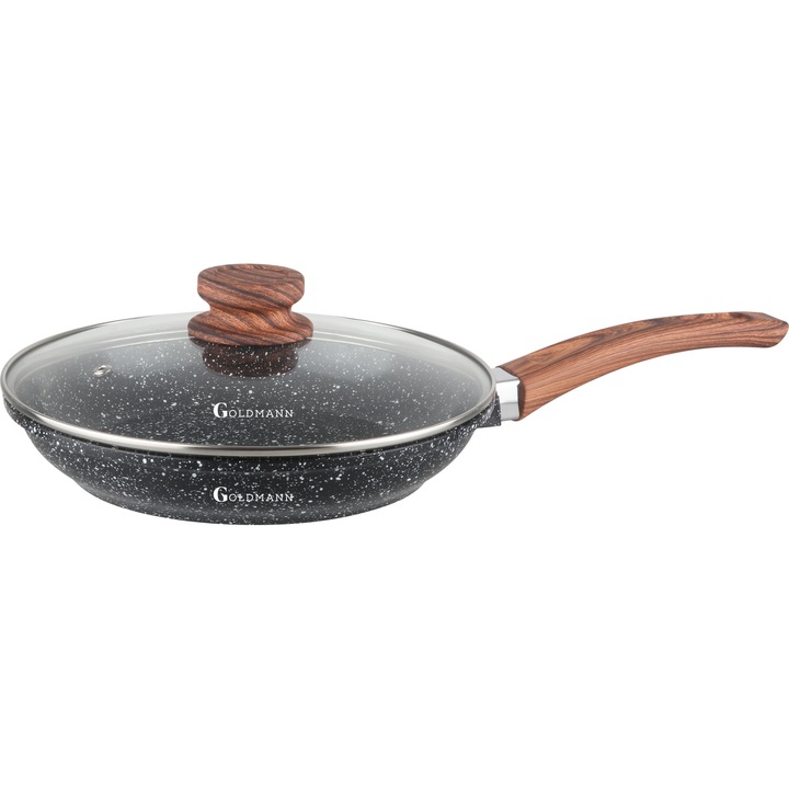 Тиган от лят алуминий Goldmann със стъклен капак 28x5см, черно мраморно вътрешно и външно покритие, индукция