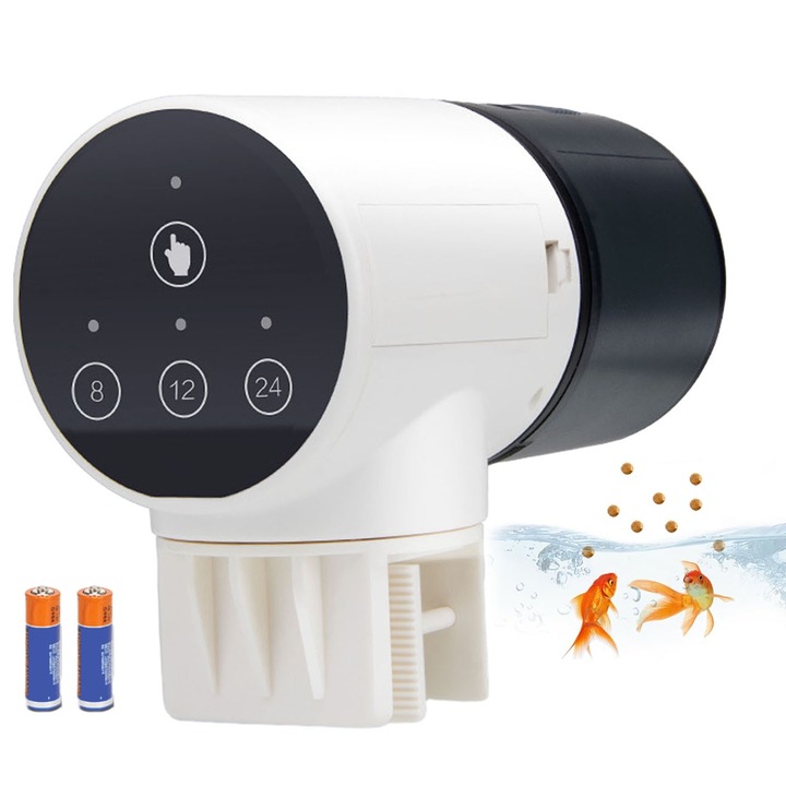 Hranitor inteligent pentru pesti de acvariu, Hggzeg, Timer cu 3 tipuri de hranire, Clip ajustabil, Rotatie 360°, Capacitate 200ml, Rezistent la apa si la umezeala, Usor de operat, Plastic, 15*11 cm, Negru/alb
