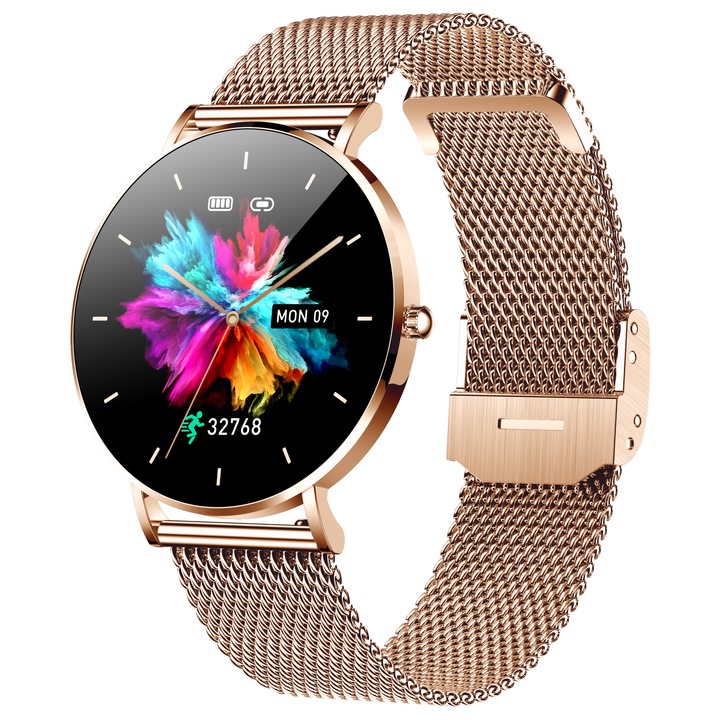 Smartwatch idealSTORE FineTouch2.1, Ecran Amoled, Ultra Subtire, Monitor de Sanatate, 22 Moduri Sport, 30 zile Standby, Buton Lateral, Senzor de Oxigen, Monitorizare Ritm Cardiac, Somn, Respiratie, Bratara Metalica Gold