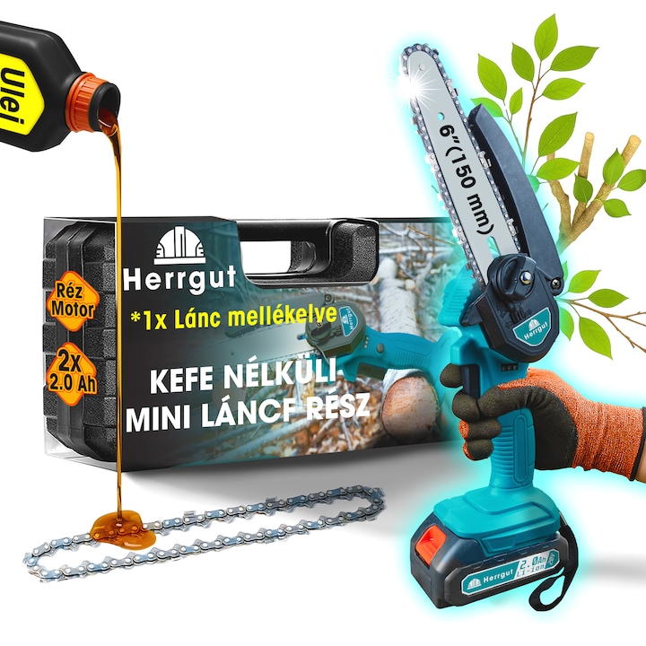 Herrgut Mini elektromos láncfűrész modernizált lánccal, akkumulátorral, 6", szénkefés motorral, 2 x 2000 mAh akkumulátorral, 550 W akkumulátorral, utántöltő kenőrendszerrel, kék/fekete