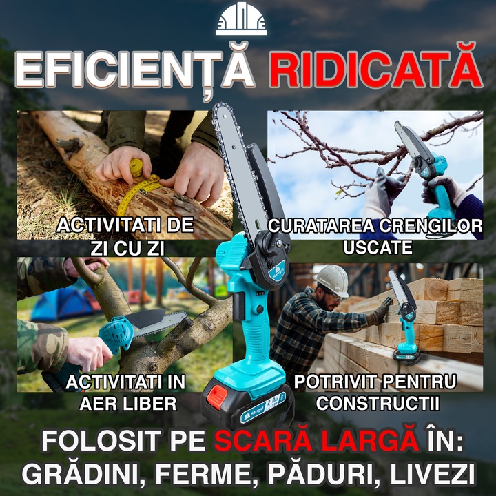 Mini fierastrau electric cu lant Herrgut, 6 inch, 2 x baterie 2000 mAh, motor cu perii, putere 550W, pe acumulator, albastru/negru, (mini drujba)