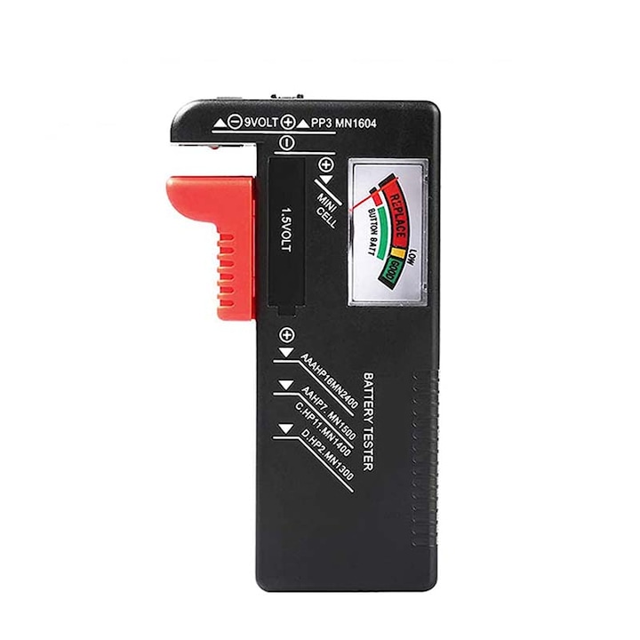Tester baterii, Pentru D/AA/AAA/C/9V, Negru