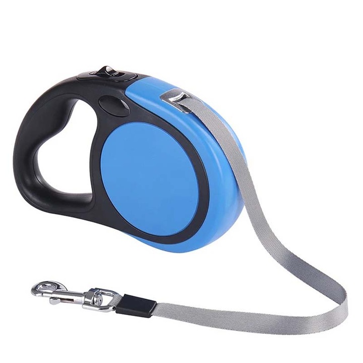 Lesa catei, Retractabila, 5 m/ 45kg, L, Miscare din 304 otel inoxidabil, carlig din aliaj de zinc, franghie impletita din poliester, Albastru