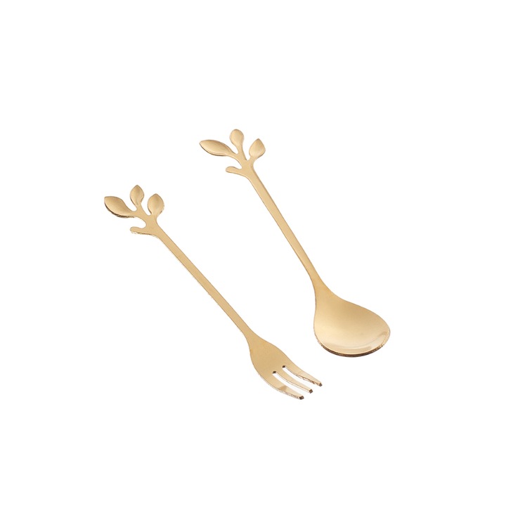 Set 2 lingurita si furculita aurii cu aspect vintage, 12 cm x 2.3 cm, metal