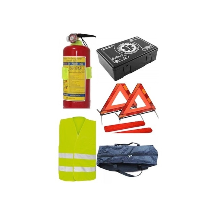 Автомобилен комплект за безопасност, валиден 5 години: комплект за първа помощ, пожарогасител 1 кг, 2 светлоотразителни триъгълника, светлоотразителна жилетка, чанта за съхранение