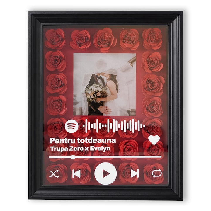 Tablou 3D pentru persoana draga cu poza, Spotify cu melodie si flori handmade, pentru iubit/iubita, parinti, nasi, prieteni, rama alba 23x28cm, trandafiri rosii si fundal rosu