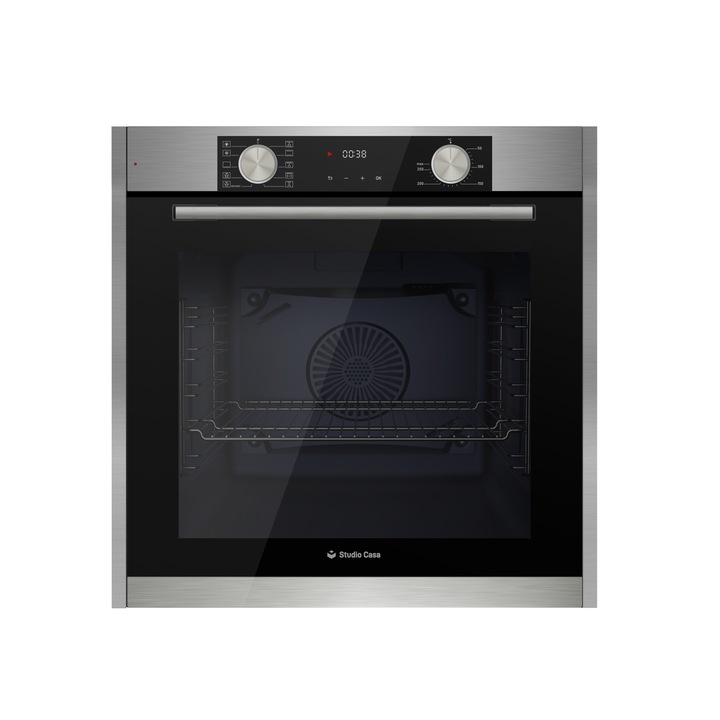 Фурна за вграждане Studio Casa Bellagio FE8102, Електрическа, 10 функции, 81 л, Грил, Грил, Вентилатор, Каталитично самопочистване, Дисплей Touch Control, Енергиен клас А, Черно стъкло / Неръждаема стомана
