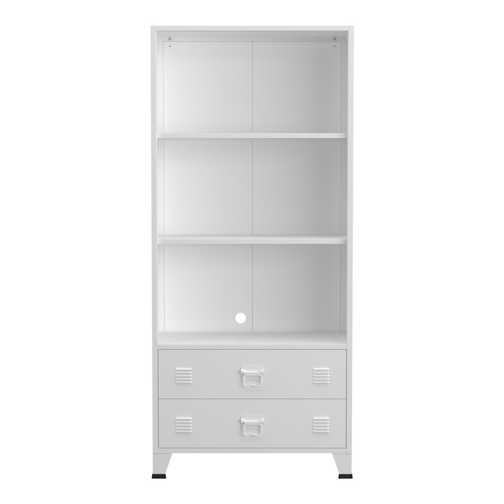 Raft carti, en.casa, PXSL-0190 Hammarland, 180 x 80 x 40 cm, otel, alb, cu 3 polite si 2 sertare