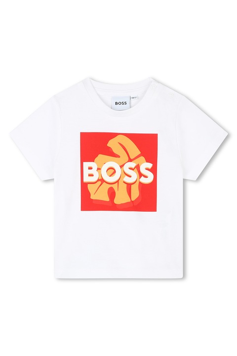 BOSS Kidswear, Tricou din bumbac cu imprimeu grafic si logo, Alb optic/Portocaliu mandarina