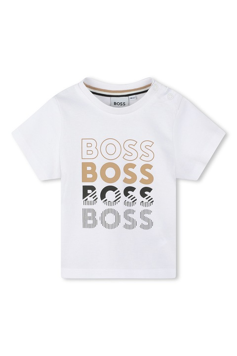 BOSS Kidswear, Tricou cu decolteu la baza gatului si imprimeu logo, Alb