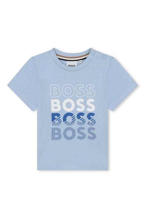 BOSS Kidswear, Tricou cu decolteu la baza gatului si imprimeu logo, Albastru deschis