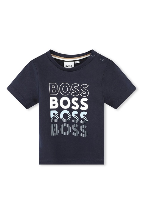 BOSS Kidswear, Tricou cu decolteu la baza gatului si imprimeu logo, Alb/Bleumarin