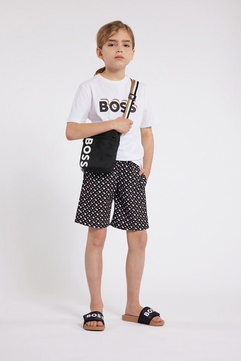 BOSS Kidswear, Pantaloni scurti de baie cu model, Alb/Negru/Maro nisip