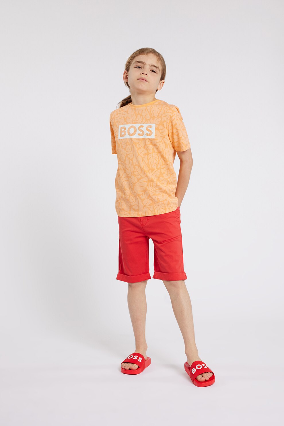 BOSS Kidswear, Tricou din bumbac cu imprimeu, Alb, Portocaliu, 174 CM
