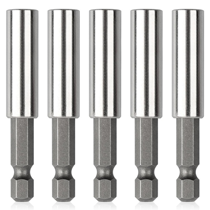Set 5 suporturi de extensie pentru burghie magnetice, Tebnaild, Otel, Argintiu