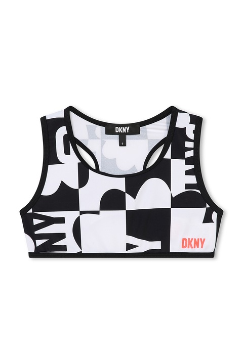 DKNY, Costum de baie cu logo, din doua piese, Alb/Negru