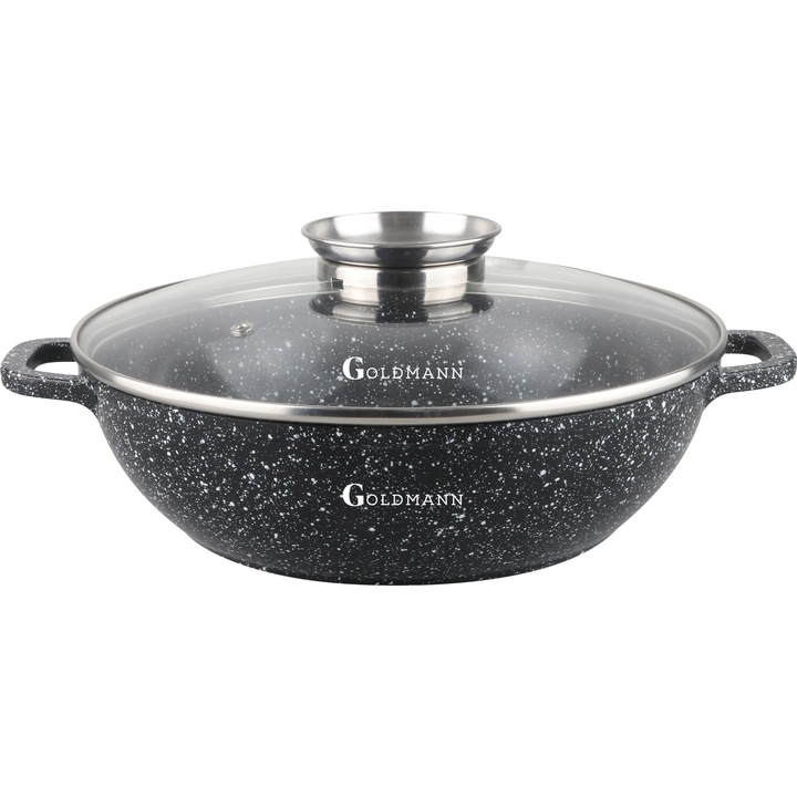 Goldmann öntött alumínium edény üvegtetővel 28x8cm, 4,1L, kívül-belül fekete márvány bevonattal, indukciós