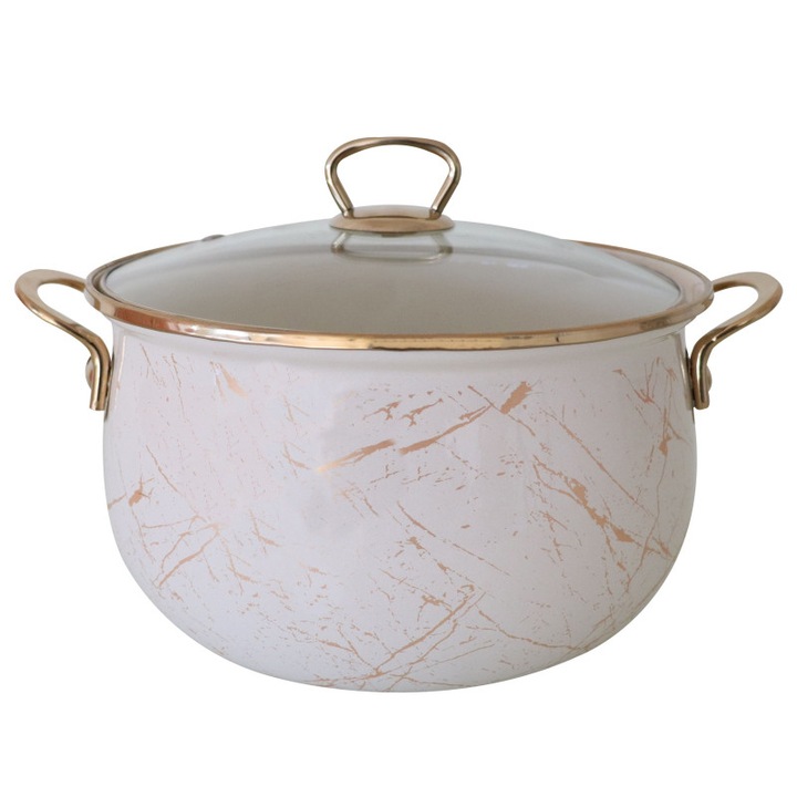 Cratita emailata, 24x15cm, 6.2 litri, manere titan aurii, capac sticla, inclusiv inductie, Goldmann, bej