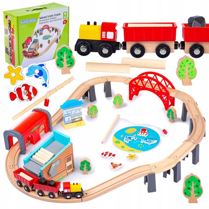 Дървено влакче, детска игра, релса, влак, вагони, мост, трион, риболов