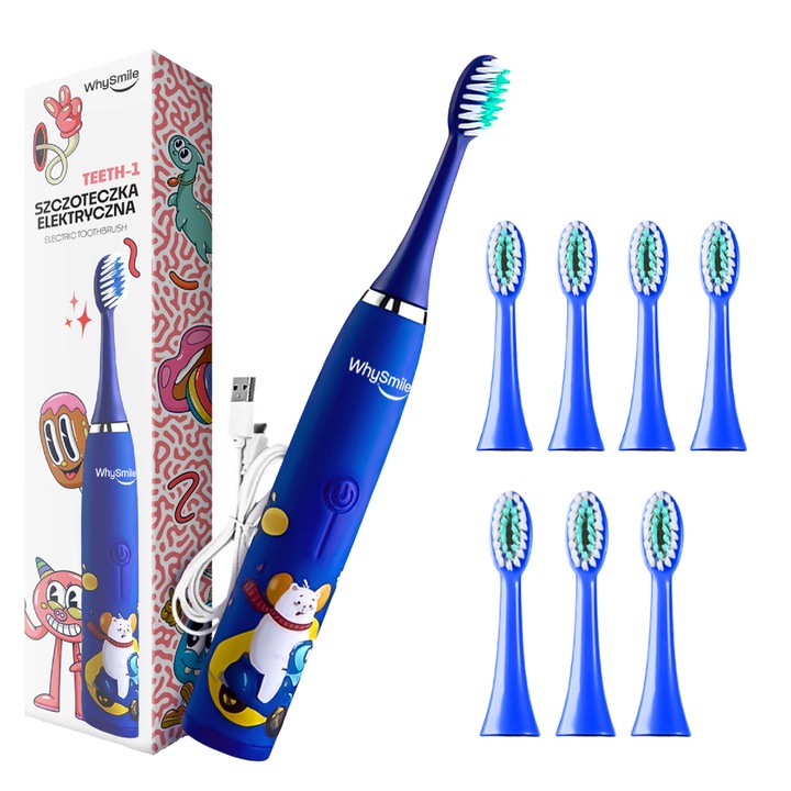 Sonic újratölthető elektromos fogkefe WhySmile Children, 32000 mozdulat/perc, 4 tisztítási mód, 8 kefefej, intelligens időzítő, vízálló IPX6, USB kábel, kék