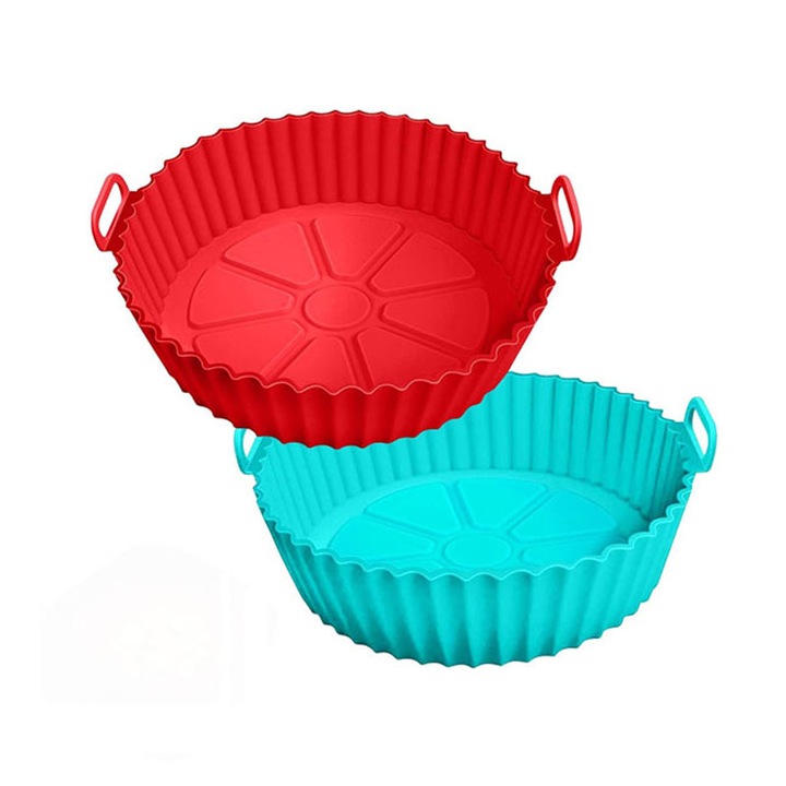 Set 2 tavi AirFryer, Silicon, Poate fi reutilizat si usor de curatat, 20x17x5cm, Albastru/Rosu
