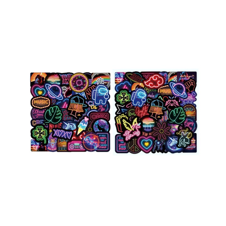 Set 100 bucati Stickere Neon, Vinil, Rezistente la apa, Multicolor