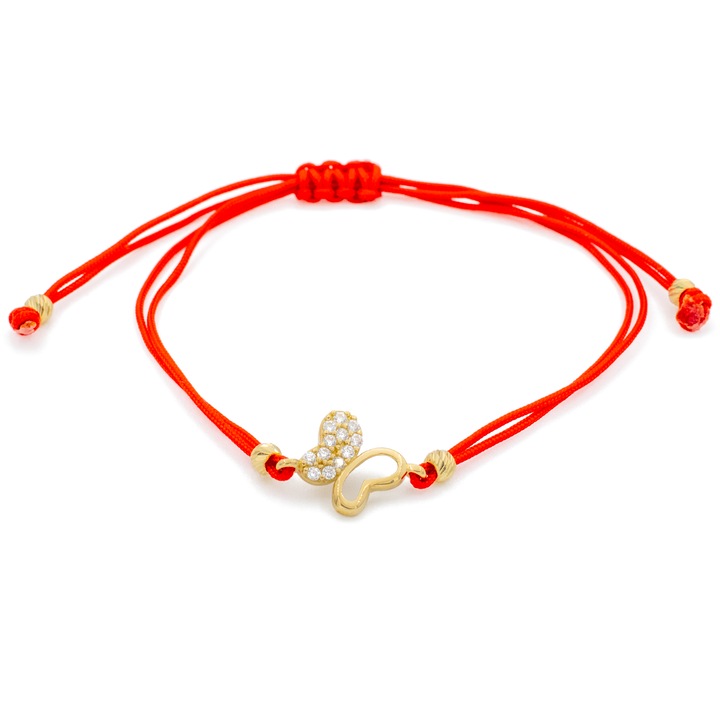 Bratara Fluture si bile din Aur 14k cu snur Rosu