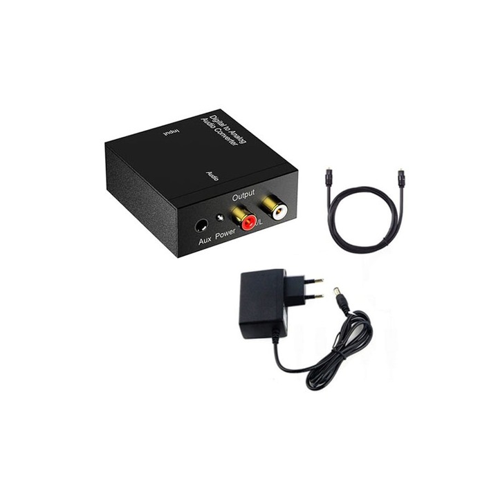 Коаксиален или оптичен SPDIF Toslink цифров аудио конвертор към 2 RCA аналогови аудио, оптичен кабел и захранване са включени, многофункционален, черен