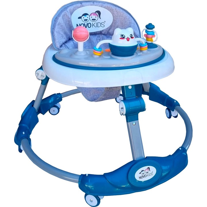 Premergator reglabil in 6 trepte de inaltime NOVOKIDS™ Little Kitty, Cu melodii, Pliabil, Max 20 kg, Roti silentioase, Model Pisicuta, Verde Turquoise
