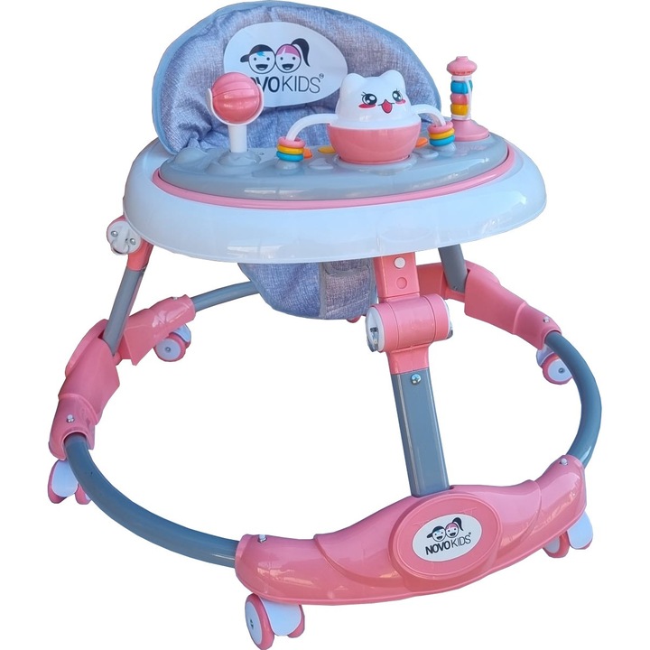 Premergator reglabil in 6 trepte de inaltime NOVOKIDS™ Little Kitty, Cu melodii, Pliabil, Max 20 kg, Roti silentioase, Model Pisicuta, Roz