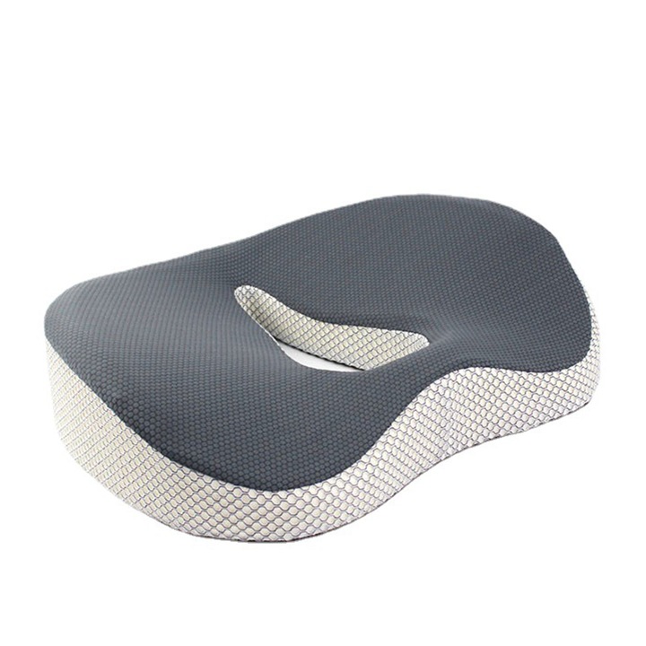 Perna ortopedica pentru sezut din spuma cu memorie, NUODWELL, Design gol si antiderapant, Pentru scaun de birou, masina si scaun cu rotile, 40 x 38 x 10 cm, Negru/Gri