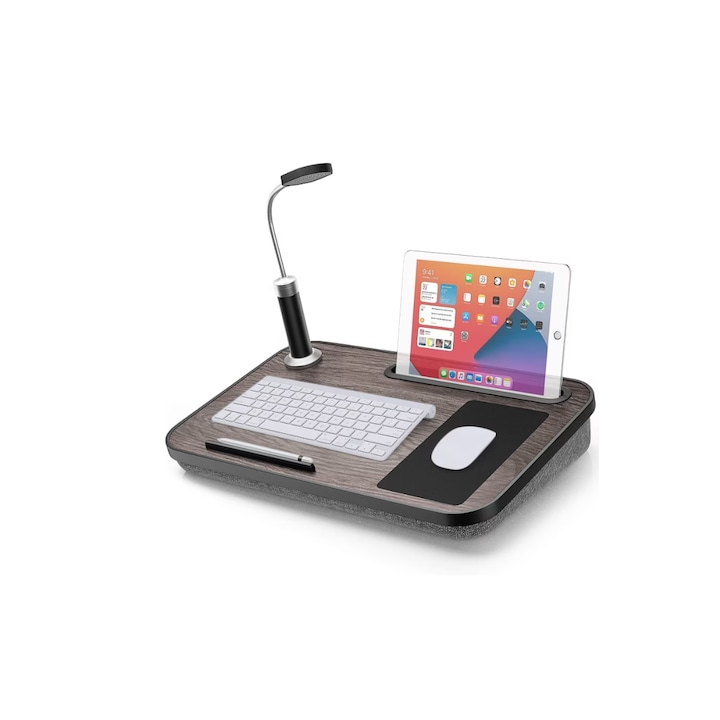 Masuta laptop stand JRH, multifunctionala, blat MDF, mouse pad, suport pentru telefon si tableta, lampa LED detasabila, portabil, 49cm X 30cm X 7cm, perna cu spuma de memorie moale pentru genunchi