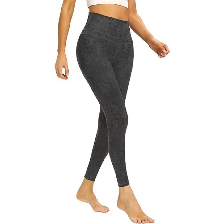Pantaloni sport, BEELU, cu talie inalta, fara cusaturi, opac, tesatura respirabila, foarte confortabili si moderni, pana la glezna, cu buzunar ascuns, ideal pentru yoga, fitness, diverse sporturi, imprimeu culoare gri