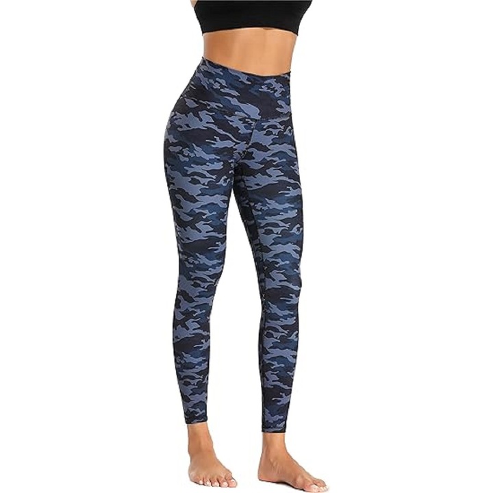 Pantaloni sport, BEELU, cu talie inalta, fara cusaturi, opac, tesatura respirabila, foarte confortabili si moderni, pana la glezna, cu buzunar ascuns, ideal pentru yoga, fitness, diverse sporturi, cu imprimeu camuflaj culoare albastru