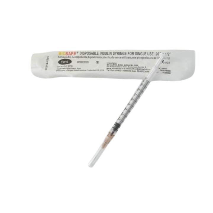 Комплект от 25 инсулинови спринцовки от 1 ml с отделяща се игла G25 и 3 части Biosafe