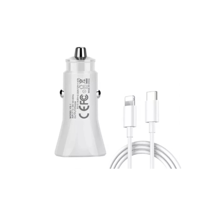 Incarcator auto 20 W, adaptor si cablu USB-C la Lightning, 1m, Alb