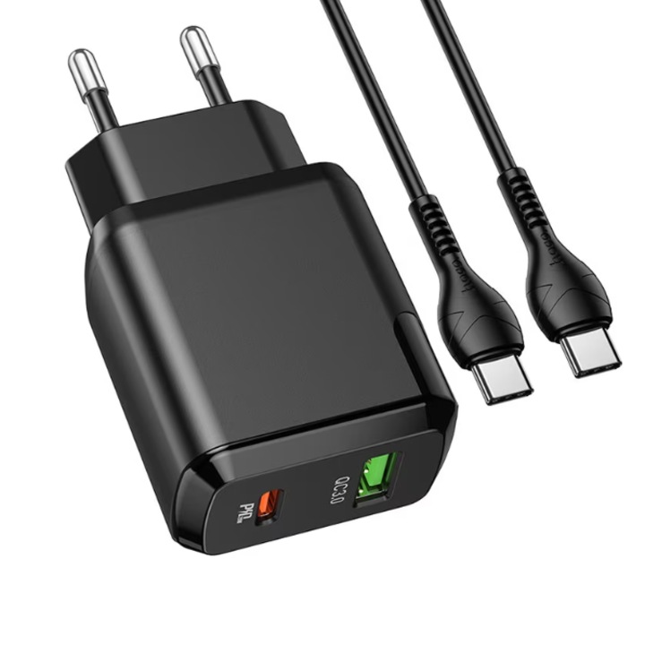 HOCO N5 hálózati töltő, 20 W, USB-C kábellel, gyorstöltés támogatással, USB és USB-C portokkal, fekete
