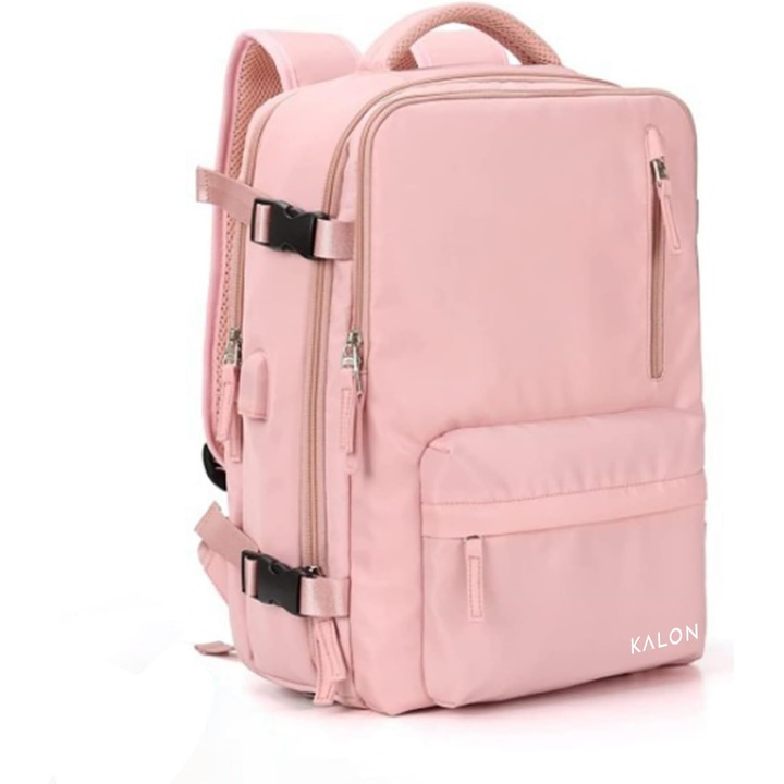 Rucsac de calatorie impermeabil, KALON, cu compartiment pentru pantofi si incarcator USB, aprobat pentru transportul aerian, laptop de 15.6", Roz