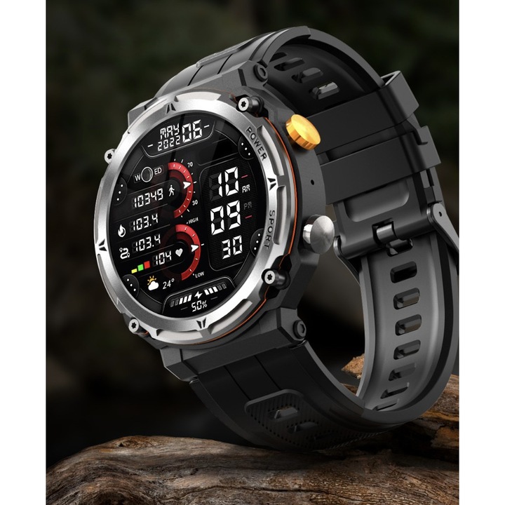 Ceas Smartwatch i4FIT®, GTS5, Ecran tactil de 2.0 Inch HD, Initiere/Preluare Apel, Difuzor si Microfon incorporat, Notificari APP, Ritm cardiac, Tensiune arteriala, Oxiometru, Sedentarism, Redare audio, Calculator, SOS, Auriu/Roz