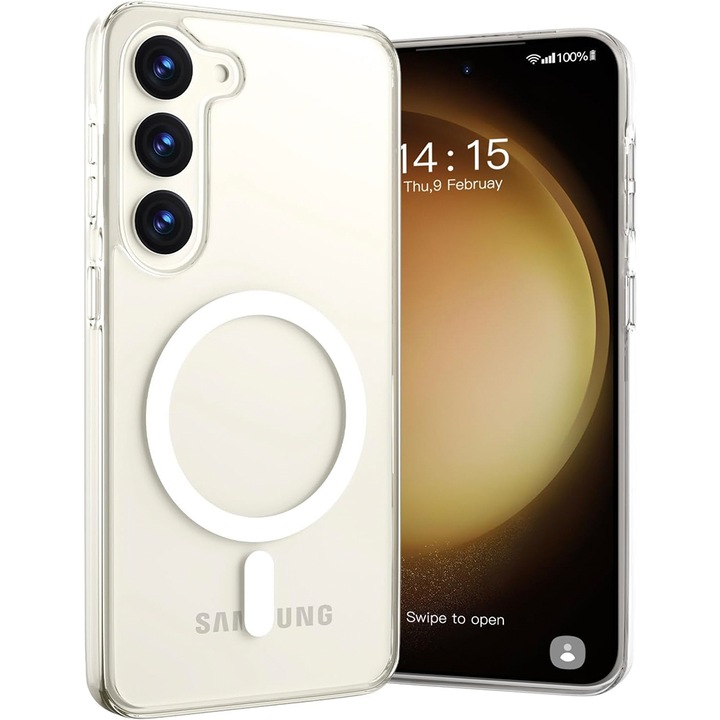 Калъф MagSafe, Съвместим със Samsung Galaxy S24 Plus, Лесно закопчаване, Защита на камерата, Повдигнати ръбове, Магнитна приставка, Броня, съвместима с безжично зареждане MagSafe, Прозрачен