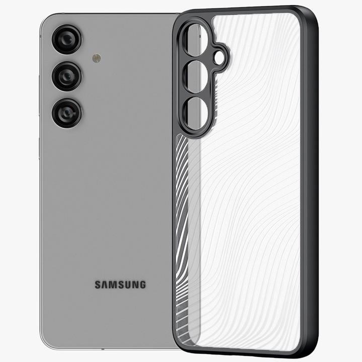 Защитен калъф, съвместим с Samsung Galaxy S24 Plus, FONIX Matte DeLuxe, Матова повърхност, Прозрачен гръб с перлени акценти, Повдигнати ръбове, Противоударен, Черен/Прозрачен