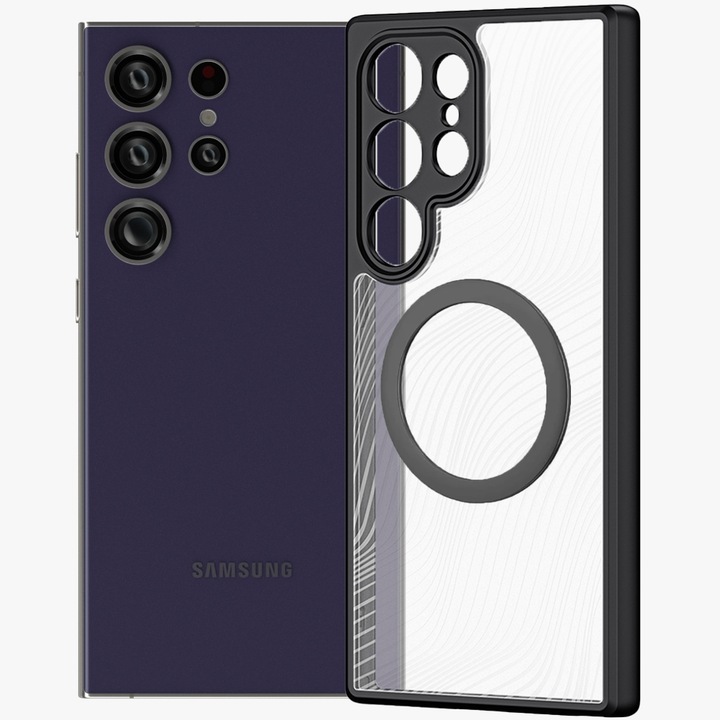 Калъф MagSafe, съвместим Samsung Galaxy S24 Ultra, FONIX Matte DeLuxe, Матова повърхност, Прозрачен гръб с перлени акценти, Повдигнати ръбове, Антишок, Съвместим с безжично зареждане, Черен/Прозрачен