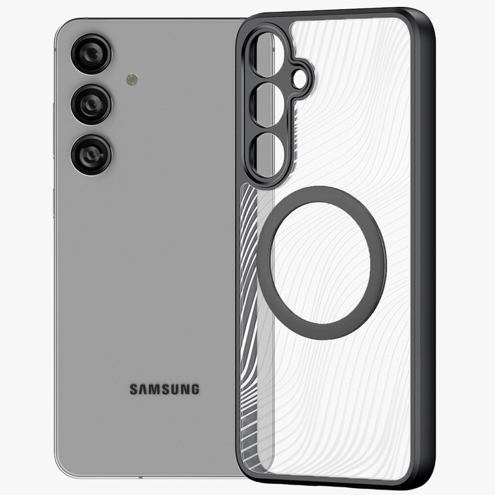 Калъф MagSafe, съвместим със Samsung Galaxy S24, FONIX Matte DeLuxe, Матова повърхност, Прозрачен гръб с перлени акценти, Повдигнати ръбове, Антишок, Съвместим с безжично зареждане, Черен/Прозрачен