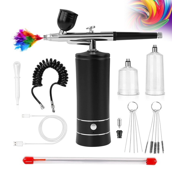 Airbrush szett hordozható kompresszorral, Airbrush, kézi permetező, manikűr, smink, fodrászat, tortadíszítés, graffiti, ideiglenes tetoválásokhoz, fekete