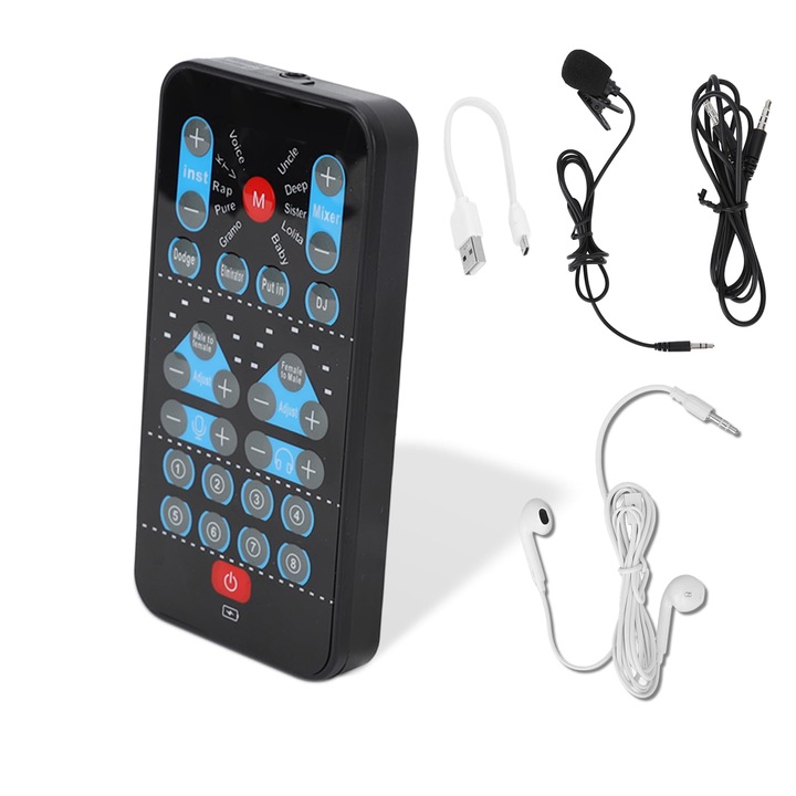 Mini dispozitiv de schimbare a vocii, placa de sunet pentru telefon mobil,8 efecte de sunet, Accepta mai multe limbi, portabil, WALALLA, Negru
