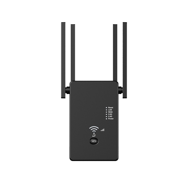 WiFi bővítő erősítő, BOMSTOM, 1200 Mbps, kétsávos 5 GHz+2,4 GHz, fekete