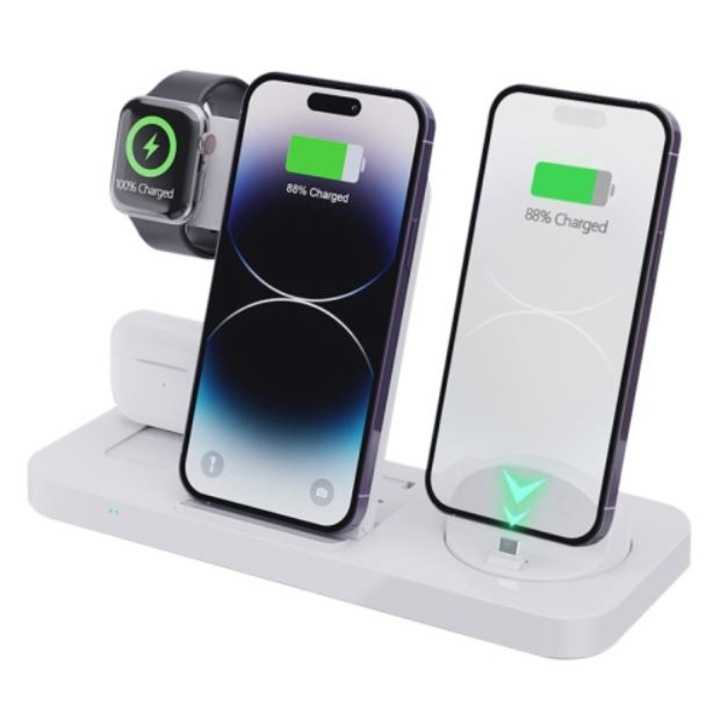 Vezeték nélküli gyorstöltő, 6 az 1-ben univerzális vezeték nélküli töltőállomás iPhone és Android készülékekhez - Apple Watch, AirPods, gyorstöltés 15 W, fehér