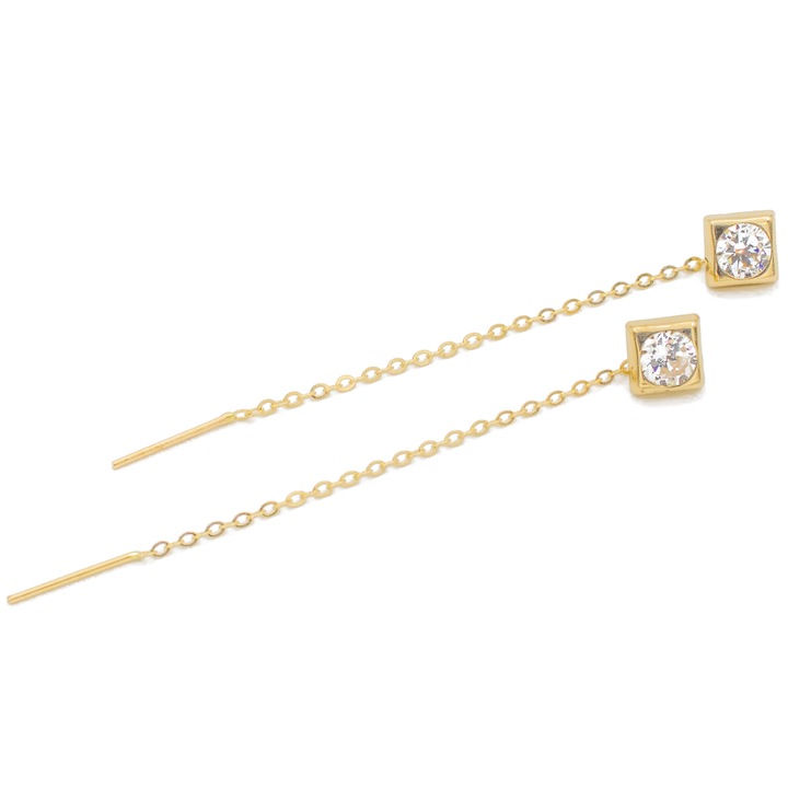 Cercei Patratel cu Piatra Zirconia si Lant Aur 14k